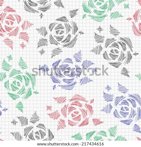 Flowers roses outline on school page. Floral seamless pattern. Strokes flowers.