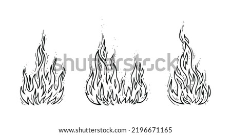 Vector Fire Flame Set. Outline Campfire Silhouettes. Bonfire Black and White Drawing. 