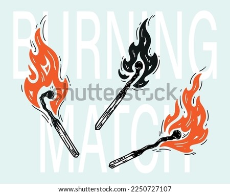 Set of Burning Match Stick. Matchstick Silhouette. Wood Match with Fire Flames. Vector illustration