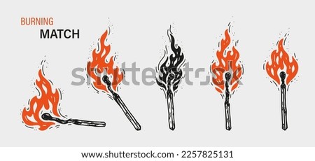 Burning Match Stick Silhouette Vector Set. Outline Matchstick. Wood Match with Fire Flames.