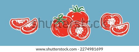 Red Tomatoes. Tomato icon Stickers Collection. Slice of tomato. Fresh Vegetables Set. Vector illustration.  