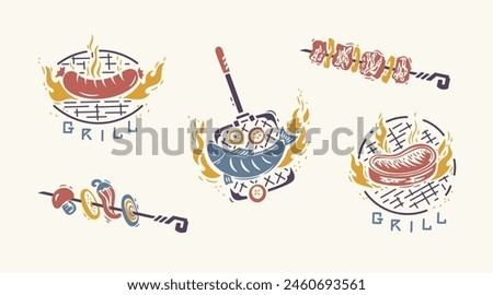 BBQ Time. Set of Grill Barbecue Food. Steak, Fish, Sausage. Meat Kebab or Shashlik and Barbeque Vegetable Skewer. Handmade. Hand drawing. Not AI. Vector illustration