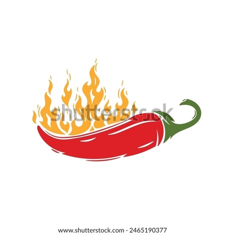 Red Chili Pepper with Fire Flames. Hot Chilli Taste. Spicy Food. Hand drawn. Not AI. Vector illustration.