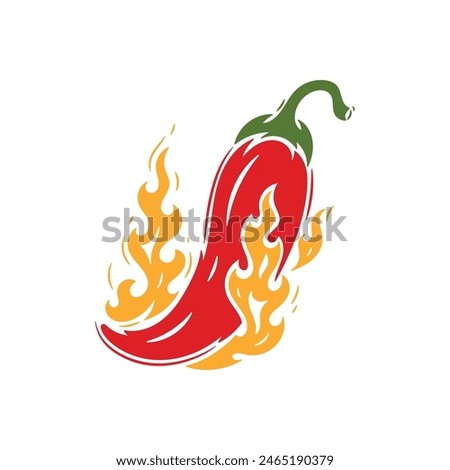 Red Chili Pepper with Fire Flames. Hot Chilli Taste. Spicy Food. Hand drawn. Not AI. Vector illustration.