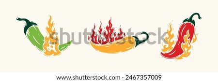 Set of Red Chili Peppers with Fire Flames. Hot Chilli Taste. Spicy Food. Hand drawn. Not AI. Vector illustration.