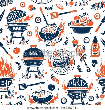 BBQ Time. Seamless Food Pattern of Portable Charcoal Grill and Barbecue Meat and Vegetable. Meat Kebab or Shashlik and Barbeque Vegetable Skewer. Handmade. Hand drawing. Not AI. Vector