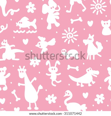 Silhouettes of different cartoon animals. Vector Seamless Pattern of funny animals. Bright children\'s wallpaper.