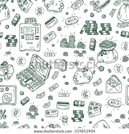Financial and Business symbols. Hand drawn Doodles Money - Vector Seamless pattern