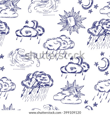 Weather symbols seamless pattern. Hand drawn doodle rain clouds, sun, crescent moon, wind - vector illustration