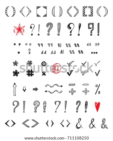 Punctuation marks Vector Set. Hand Drawn doodle Question mark, Exclamation mark, Parenthesis, Quotation marks, Checkmarks, Ampersand, Arrow