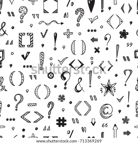 Punctuation marks Vector Seamless pattern. Hand Drawn doodle Question mark, Exclamation mark, Parenthesis, Quotation marks, Checkmarks, Ampersand, Arrow