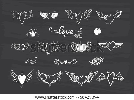 Love Vector Set Beautiful Doodle Heart Tattoo Hearts With Wings For Valentines Day Or