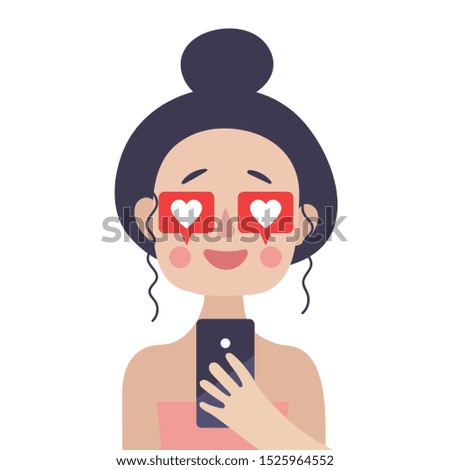 The girl looks at the phone screen and smiles. In her eyes there is a like from social networks. Vector image on white background