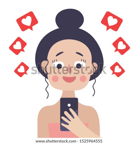 The girl looks at the phone screen and smiles. Social media.Vector image on white background