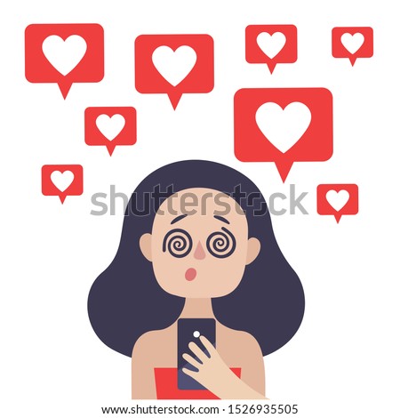 The girl looks at the phone screen. Hypnosis. Social media.Vector image on white background
