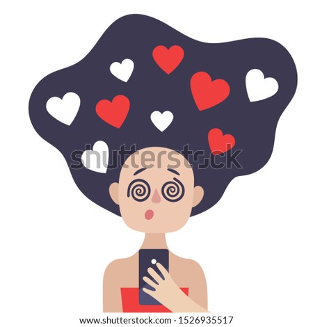 The girl looks at the phone screen. Hypnosis. Social media.Vector image on white background