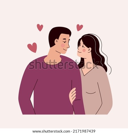 Beautiful young man and woman hugging, loving couple. Valentine's day, love, date. Flat vector illustration