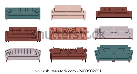 Set of Comfortable stylish modern sofas. Furniture for home, interior, apartments. Sofas for living room, modern. Flat vector illustration isolated