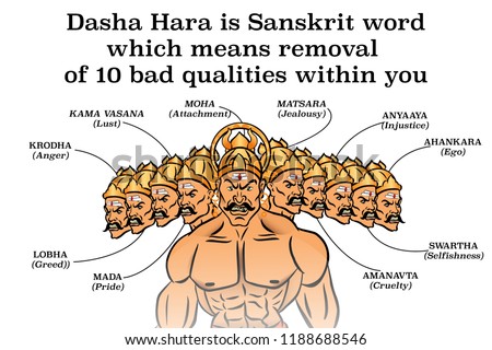 Dasha Hara is a Sanskrit word which means removal of ten bad qualities within you.Dussehra illustration.Silhouette of Ravana demon with his ten heads isolated on white background.Vijayadashami