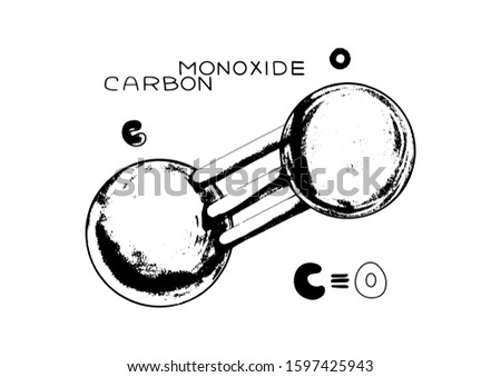 Carbon monoxide molecule in hand drawn style isolated on white background. CO, molecule model and chemical formula. Toxic gas and less dense than air. Ball and stick model, geometric 3D. Vector.