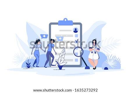 Medical history of two young people. Child planning. Medical record. Flat mini persons concept.Pregnant woman.Medical examination.Vector flat illustration.Doctor therapist work in cabinet at hospital.