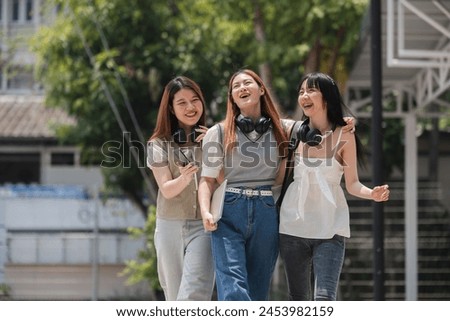 Similar – Image, Stock Photo Group of asian and caucasian happy kids huddling, looking down at camera and smiling