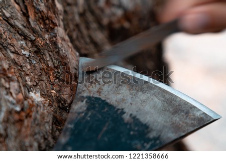 Similar – Image, Stock Photo Worker sharpening axe with electric grinder