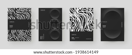 Abstract set Placards, Posters, Flyers, Banner Designs. Black and white illustration on vertical A4 format. 3d geometric shapes and wavy lines. Decorative neumorphism backdrop.
