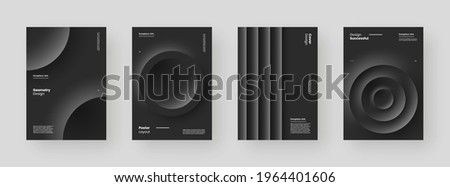 Abstract set Placards, Posters, Flyers, Banner Designs. Black and white illustration on vertical A4 format. 3d geometric shapes and form. Decorative neumorphism backdrop.