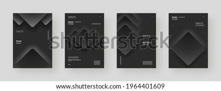 Abstract set Placards, Posters, Flyers, Banner Designs. Black and white illustration on vertical A4 format. 3d geometric shapes and form. Decorative neumorphism backdrop.