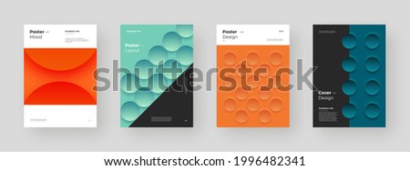 Abstract set Placards, Posters, Flyers, Banner Designs. Colorful illustration on vertical A4 format. 3d geometric shapes. Decorative neumorphism backdrop.