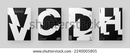 Abstract Poster Design Set. Vertical A4 format. Modernism brochure kit. Refraction and Distortion Glass Effect. Chopped, cut, glitch, broken letter composition.