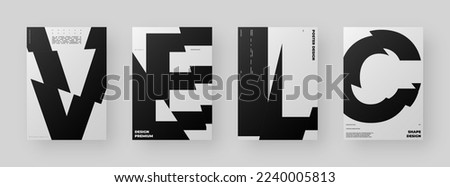 Abstract Poster Design Set. Vertical A4 format. Modernism brochure kit. Refraction and Distortion Glass Effect. Chopped, cut, glitch, broken letter composition.