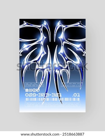 Futuristic Abstract Cyberpunk Poster Design. Silver Chrome, 2000s, shiny metallic surface. Neo tribal shape. Gothic Y2K sharp element, Cyber sigilism aesthetic.