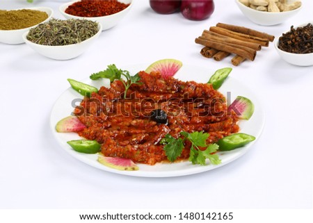 Turkish meze - Acili ezme, Acuka, Muhammara made with fresh tomatoes and spices Stok fotoğraf © 