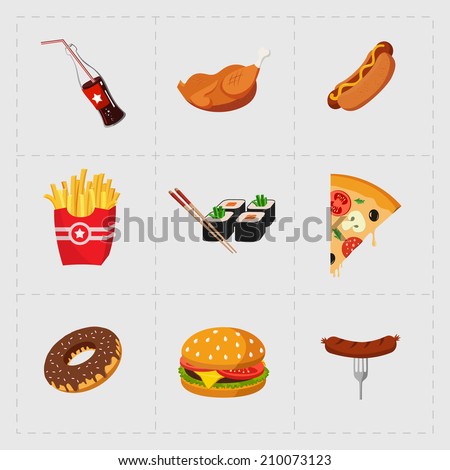 Colorful Fast Food Icon Set on White Background