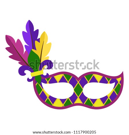 Mardi Gras Mask - Mardi Gras mask with harlequin pattern, fleur de lis, and feathers off to the side isolated on white background