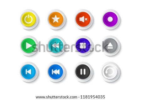 set of colorful transparent buttons with glass frames music player isolated on grey background 