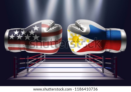 Boxing gloves with prints of USA and Philippines flags facing each other on a ring lit by spotlights, realistic vector illustration design