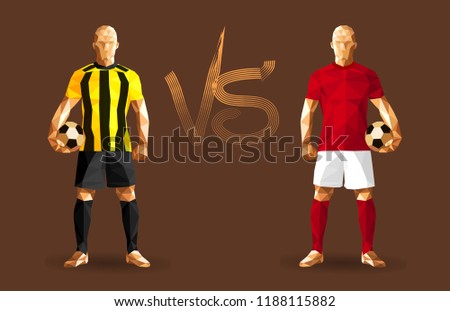 Yellow and red soccer players holding vintage footballs, representing two opposing teams, standing isolated with a flat background behind them and a versus sign between them, vector illustration 