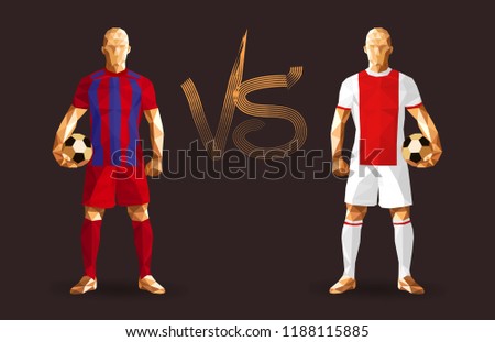 Bayern vs Ajax soccer players holding vintage footballs, representing two opposing teams, standing isolated with a flat background behind them and a versus sign between them, vector illustration 