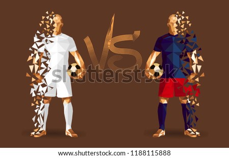 White and blue soccer players holding vintage footballs, representing two opposing teams, standing isolated with a flat background behind them and a versus sign between them, vector illustration 