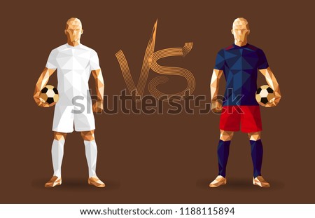 Football, White and blue soccer players holding vintage footballs, representing two opposing teams, vector illustration 
