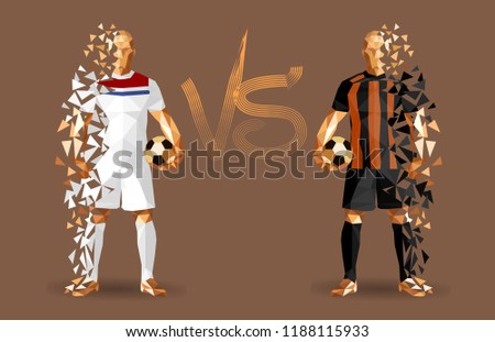 Football, Olympique vs Shakhtar Soccer players holding vintage footballs, representing two opposing teams, standing isolated with a flat background behind them and a versus sign between them