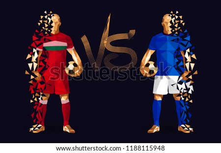 Football,  standing isolated with a flat background behind them and a versus sign between them, vector illustration 