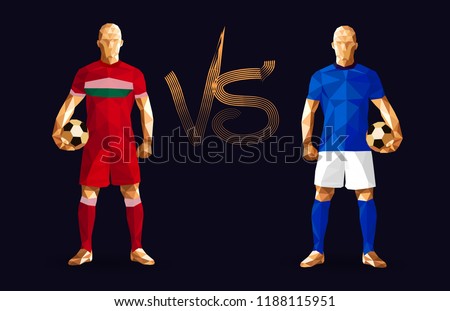Football, Red and dark blue soccer players holding vintage footballs, representing two opposing teams, standing isolated, vector illustration