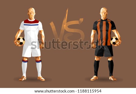 Football, Soccer players holding vintage footballs, representing two opposing teams, standing isolated with a flat background behind them and a versus sign between them, vector illustration 