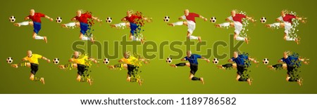 Champion's league  group A, Football, Abstract soccer players Group A line up, wearing colorful uniforms/kits, scattered pieces vector illustration, (set 8/8) Atletico, Monaco, Borussia, Brugge