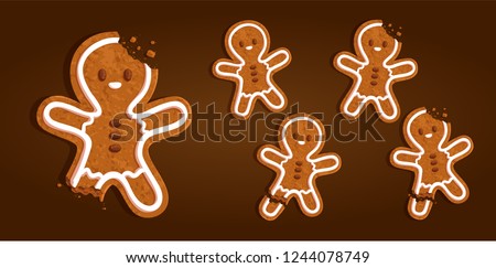 Gingerbread man character cookie set with a torn off leg, bitten head, regular on a brown background, vector illustration