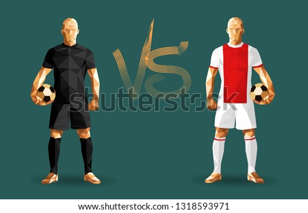 Football, Real Madrid vs. Ajax players holding vintage footballs, representing two opposing teams, vector illustration 